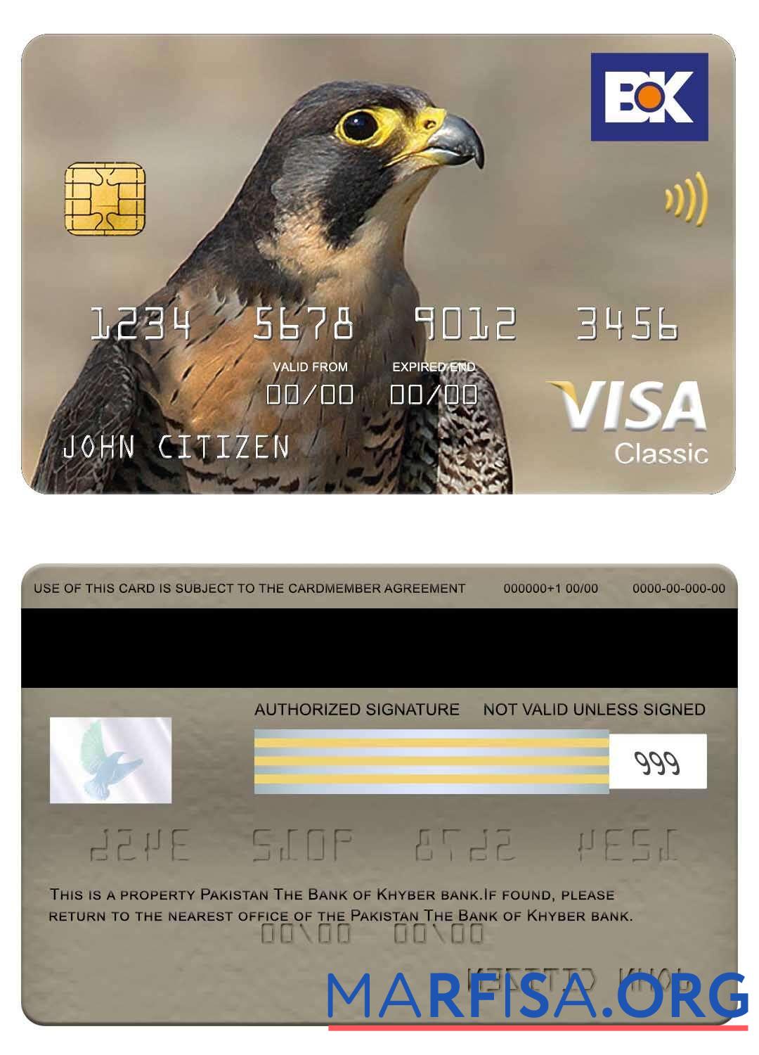 Blank Pakistan The Bank of Khyber bank visa classic card example